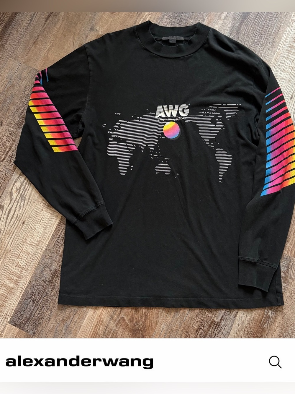 Alexander Wang Black Long-Sleeve Tee with Rainbow Sleeve Stripes